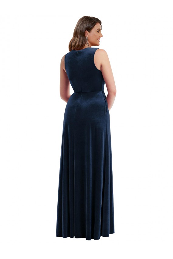 Sleeveless V-Neck Stretch Velvet Dark Navy Long Formal Plus Size Evening Gown / Prom Dress / Bridesmaid Dress Cardiff
