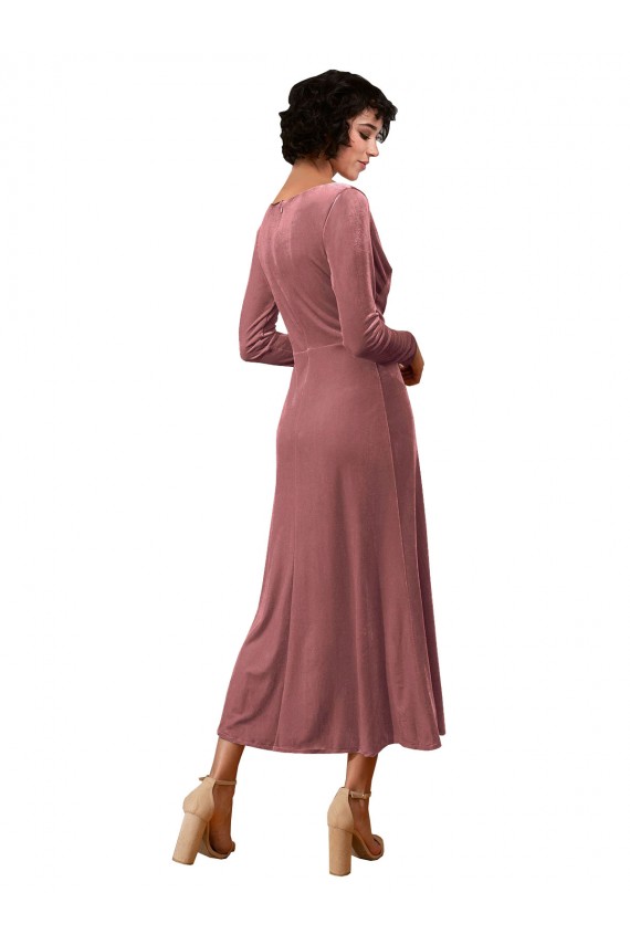 Long Sleeves V-Neck Stretch Velvet Cinnamon Rose Midi Length Black Tie Prom Dress / Bridesmaid Dress Cardiff