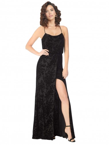 Sleeveless Cowl Neck Floral Velvet & Stretch Velvet Black Long Bridesmaid Dress Cardiff