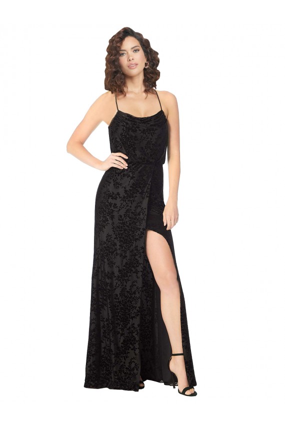 Sleeveless Cowl Neck Floral Velvet & Stretch Velvet Black Long Bridesmaid Dress Cardiff