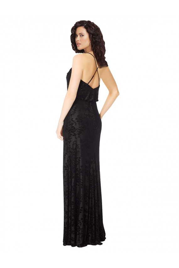 Sleeveless Cowl Neck Floral Velvet & Stretch Velvet Black Long Bridesmaid Dress Cardiff