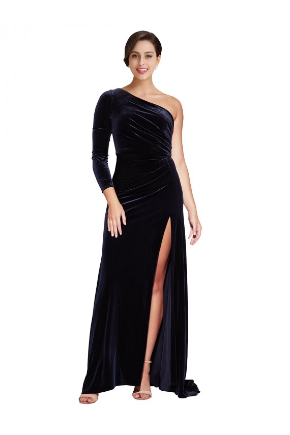 Long Sleeves One Shoulder Stretch Velvet Dark Navy Sweep Train Formal Evening Gown / Prom Dress / Bridesmaid Dress Cardiff