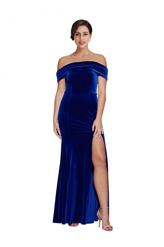 Sleeveless Off the Shoulder Stretch Velvet Royal Blue Long Formal Evening Gown / Prom Dress / Bridesmaid Dress Cardiff