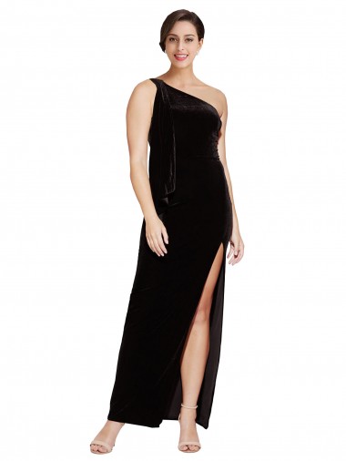 Sleeveless One Shoulder Stretch Velvet Black Long Formal Evening Gown / Prom Dress / Bridesmaid Dress Cardiff