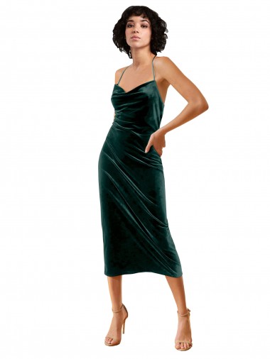 Sleeveless Cowl Neck Stretch Velvet Dark Green Midi Length Formal Dress / Bridesmaid Dress Cardiff