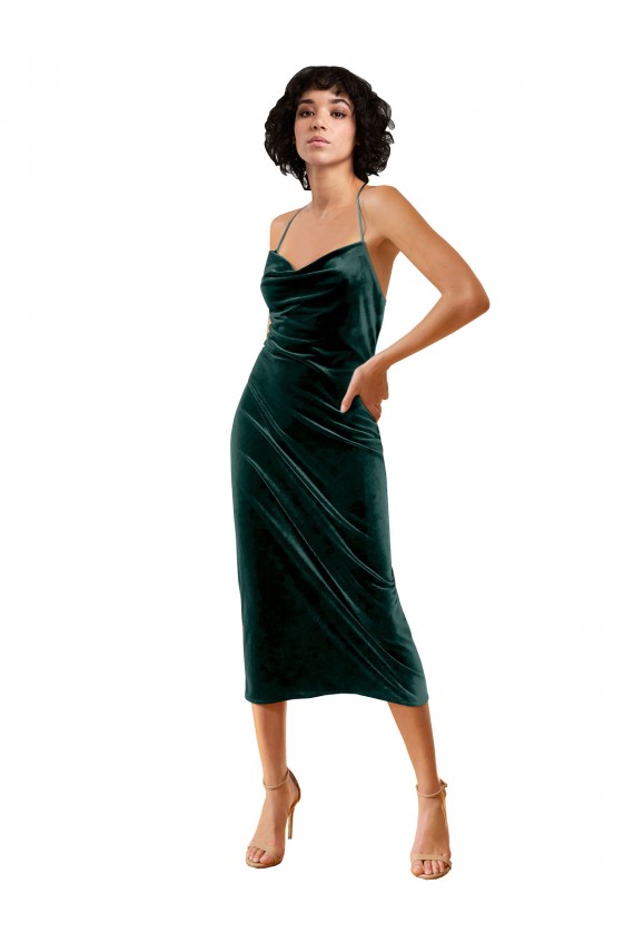 Sleeveless Cowl Neck Stretch Velvet Dark Green Midi Length Formal Dress / Bridesmaid Dress Cardiff