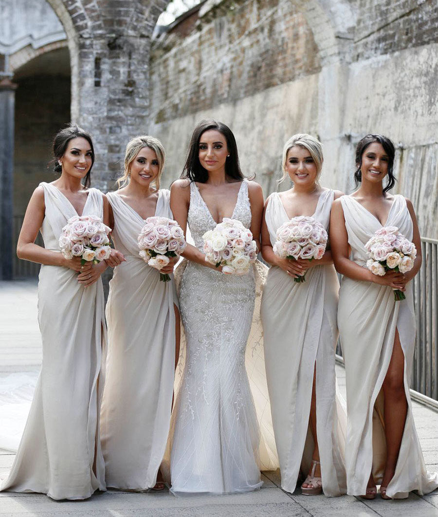 Full Length Luxe Chiffon Long Champagne bridesmaid dresses Cardiff with Sexy High Slit and Front Ruffles