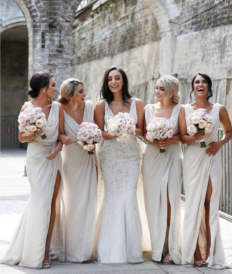 Full Length Luxe Chiffon Long Champagne bridesmaid dresses Cardiff with Sexy High Slit and Front Ruffles