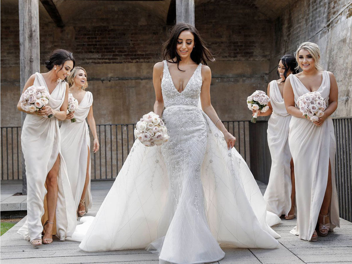 Full Length Luxe Chiffon Long Champagne bridesmaid dresses Cardiff with Sexy High Slit and Front Ruffles