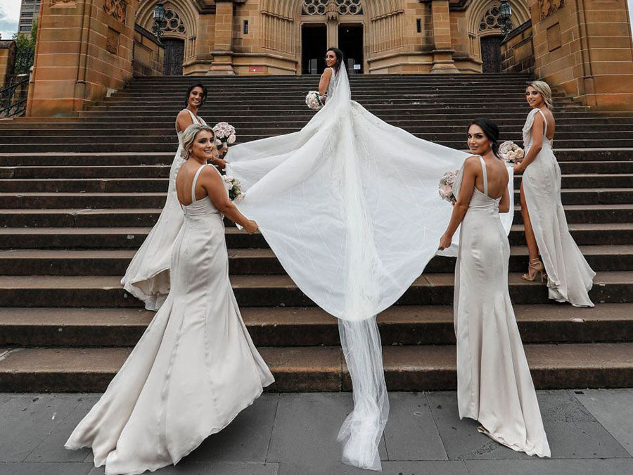 Full Length Luxe Chiffon Long Champagne bridesmaid dresses Cardiff with Sexy High Slit and Front Ruffles