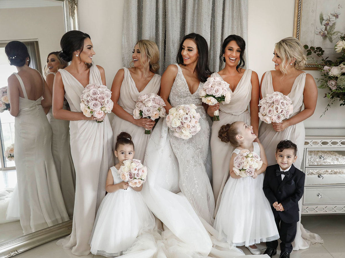 Full Length Luxe Chiffon Long Champagne bridesmaid dresses Cardiff with Sexy High Slit and Front Ruffles