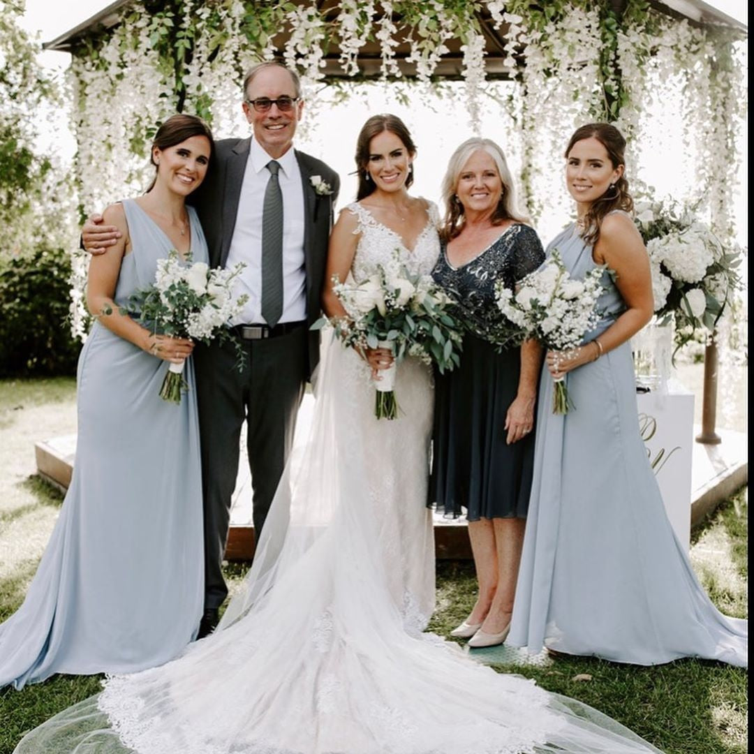Dusty Blue Full Length Luxe Chiffon Long Champagne bridesmaid dresses Cardiff with Sexy High Slit and Front Ruffles