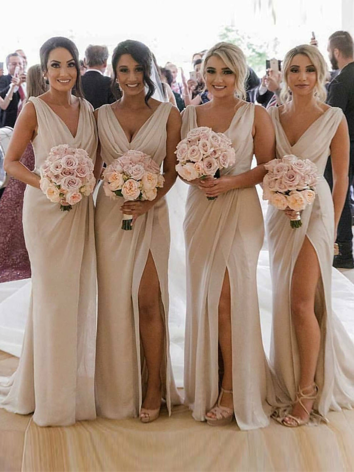 Champagne Full Length Luxe Chiffon Long Champagne bridesmaid dresses Cardiff with Sexy High Slit and Front Ruffles